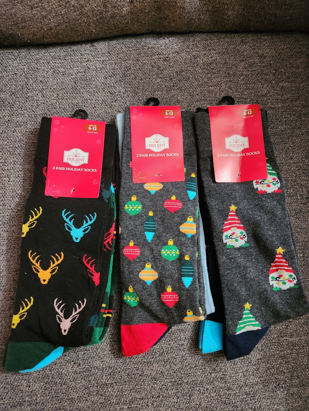 Holiday Time Men's Festive Crew Socks — Black, Gray, Green Accents Size 6-12
